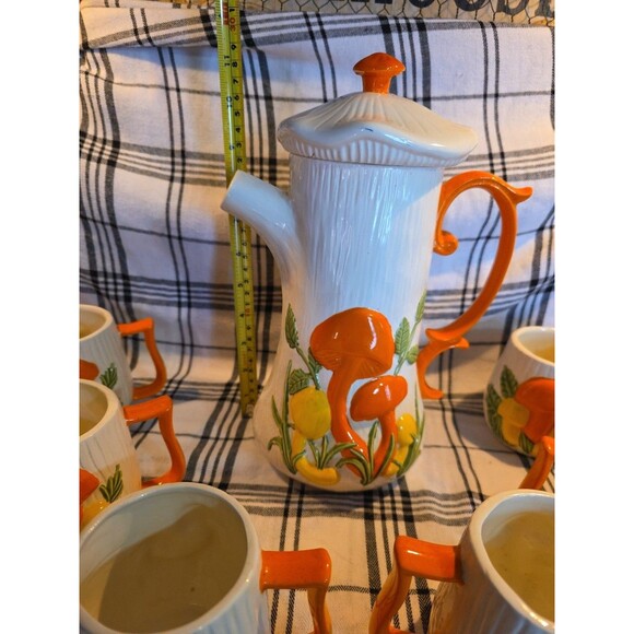 Vintage Ceramic Coffee Server Set Mushroom Motif‎ Coffee Pot 6 Mugs Arnels - Picture 9 of 13